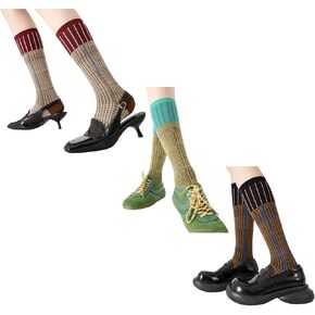 3 Pairs Women Retro Striped Calf Socks - Colorful Cotton Slouch Comfy Boots Socks for Daily/Active Wear in Saudi Arabia