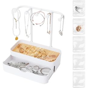 WCHOSOZH Jewelry Organizer Stand, Necklace Holder with Wooden Tray 5 Storage Hooks, Earring Holder with 5 Pcs Jewelry Bags for Bracelet,Chains,Rings,Earrings,Keys Watches,Necklaces (White) in Kuwait