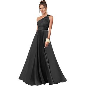 One Shoulder Bridesmaid Dresses for Wedding Chiffon A Line Pleated Long Formal Prom Dress with Pockets in Saudi Arabia