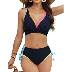 Bikini Sets for Women Two Piece Swimsuit Color Block Twist Front Top Mid Rise Bathing Suit in Saudi Arabia