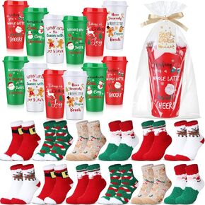 12 Sets Christmas Bulk Gifts for Coworkers 16 oz Reusable Coffee Cup Fuzzy Socks and Xmas Card Sets for Women Staff in Kuwait