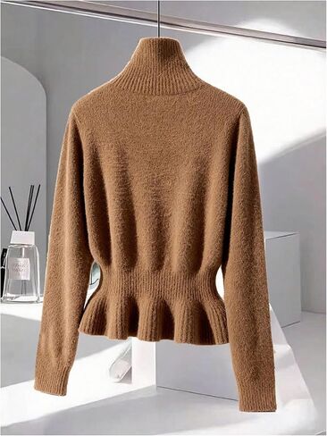 SHENHE Women's Turtleneck Peplum Sweaters Long Sleeve Button Decor Cinched Waist Fuzzy Sweaters Pullovers in Saudi Arabia