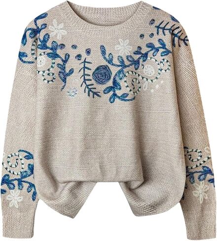 Women's Plus Size Floral Pullover Sweaters Crewneck Long Sleeve Loose Jumper Knit Fall Tops in Saudi Arabia