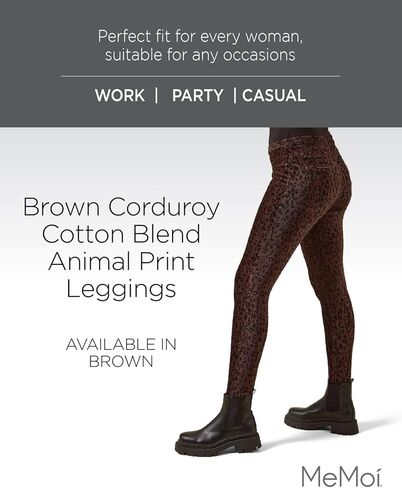 MeMoi Brown Corduroy Cotton Blend Animal Print Leggings in Saudi Arabia