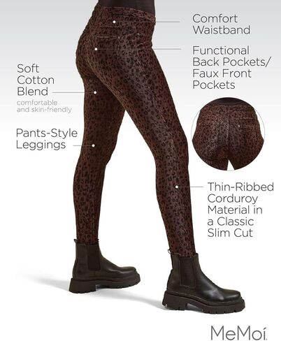 MeMoi Brown Corduroy Cotton Blend Animal Print Leggings in Saudi Arabia