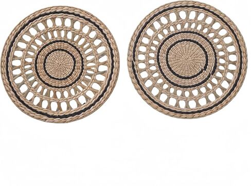 Deosur 2PCS Boho Woven Grass Wall Hanging & Tray – 35CM Handmade Round Wall Art for Living Room & Bedroom – Dual-Purpose, in Black in Saudi Arabia