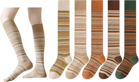 5 Pairs Women Retro Calf Socks - Slouch Over The Calf Classic Knit Color Block Warm for Casual Daily Wear in Saudi Arabia