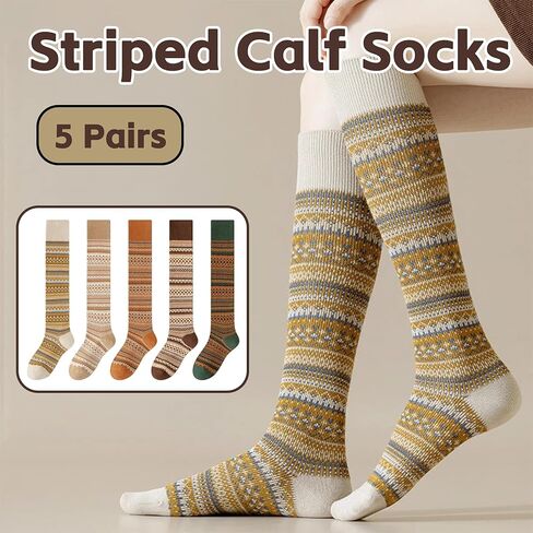 5 Pairs Women Retro Calf Socks - Slouch Over The Calf Classic Knit Color Block Warm for Casual Daily Wear in Saudi Arabia