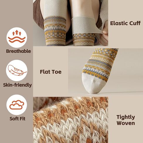 5 Pairs Women Retro Calf Socks - Slouch Over The Calf Classic Knit Color Block Warm for Casual Daily Wear in Saudi Arabia
