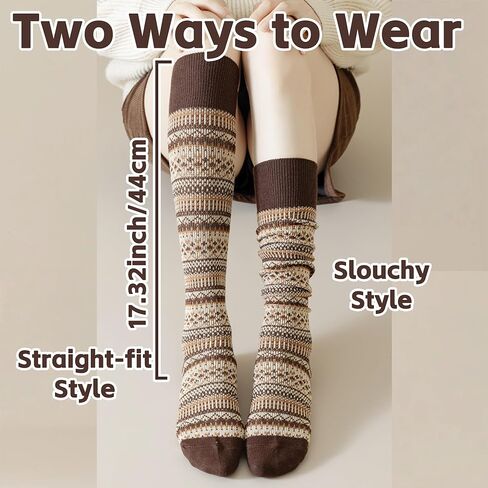 5 Pairs Women Retro Calf Socks - Slouch Over The Calf Classic Knit Color Block Warm for Casual Daily Wear in Saudi Arabia