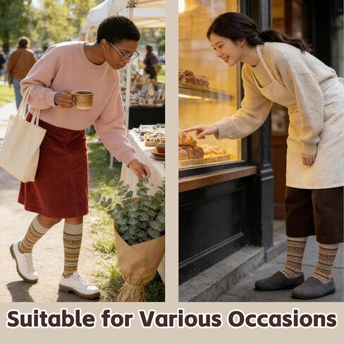 5 Pairs Women Retro Calf Socks - Slouch Over The Calf Classic Knit Color Block Warm for Casual Daily Wear in Saudi Arabia