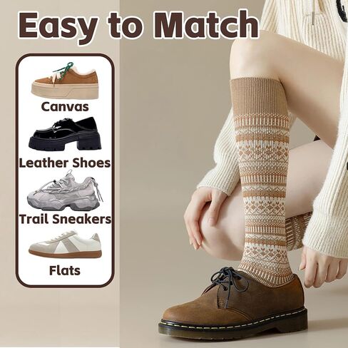 5 Pairs Women Retro Calf Socks - Slouch Over The Calf Classic Knit Color Block Warm for Casual Daily Wear in Saudi Arabia