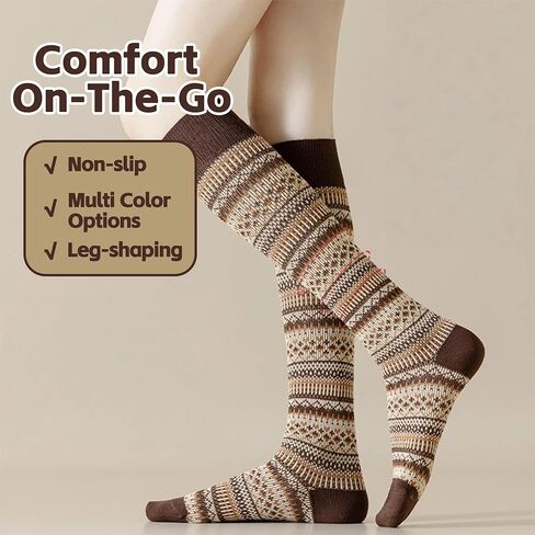 5 Pairs Women Retro Calf Socks - Slouch Over The Calf Classic Knit Color Block Warm for Casual Daily Wear in Saudi Arabia