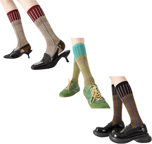 3 Pairs Women Retro Striped Calf Socks - Colorful Cotton Slouch Comfy Boots Socks for Daily/Active Wear in Saudi Arabia