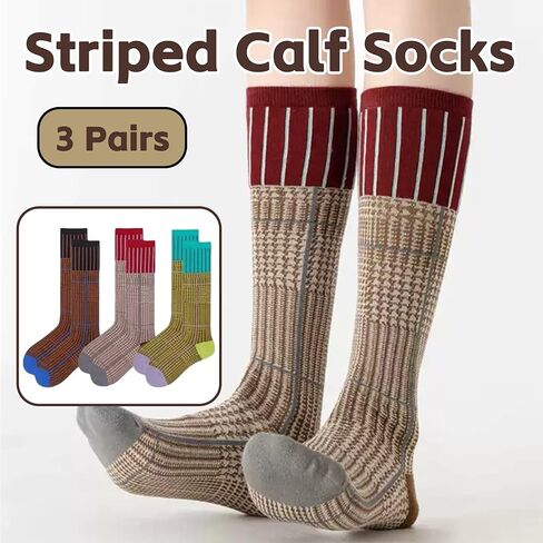 3 Pairs Women Retro Striped Calf Socks - Colorful Cotton Slouch Comfy Boots Socks for Daily/Active Wear in Saudi Arabia