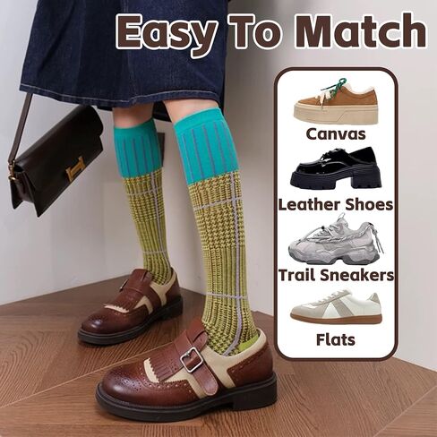 3 Pairs Women Retro Striped Calf Socks - Colorful Cotton Slouch Comfy Boots Socks for Daily/Active Wear in Saudi Arabia