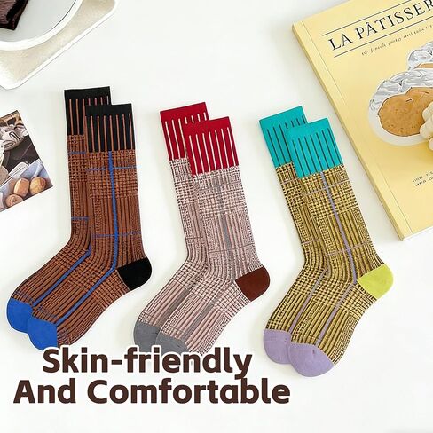 3 Pairs Women Retro Striped Calf Socks - Colorful Cotton Slouch Comfy Boots Socks for Daily/Active Wear in Saudi Arabia
