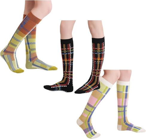 3 Pairs Retro Women Calf Socks - Cotton Striped Plaid Color Block Non-slip for Daily Athletic Casual Wear in Saudi Arabia