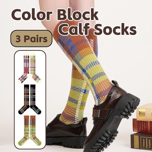 3 Pairs Retro Women Calf Socks - Cotton Striped Plaid Color Block Non-slip for Daily Athletic Casual Wear in Saudi Arabia