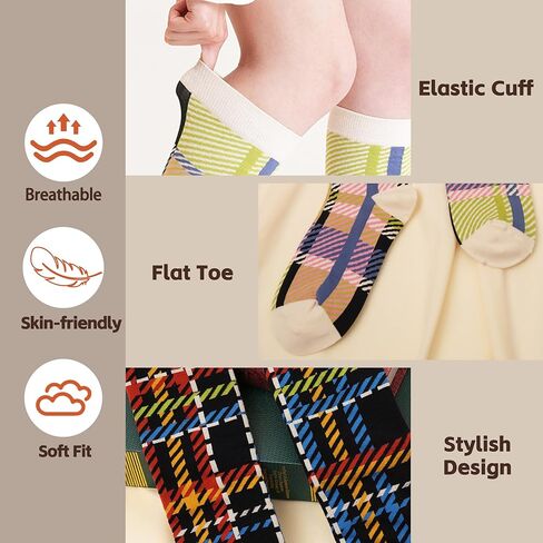 3 Pairs Retro Women Calf Socks - Cotton Striped Plaid Color Block Non-slip for Daily Athletic Casual Wear in Saudi Arabia