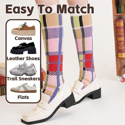 3 Pairs Retro Women Calf Socks - Cotton Striped Plaid Color Block Non-slip for Daily Athletic Casual Wear in Saudi Arabia