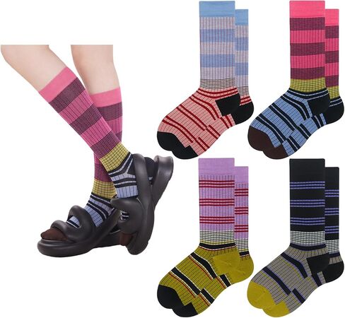 4 Pairs Women Striped Calf Socks - Retro Colorful Seamless Year-Round Casual Athletic Socks for Daily/Workout in Saudi Arabia