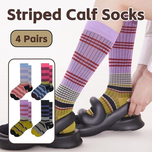 4 Pairs Women Striped Calf Socks - Retro Colorful Seamless Year-Round Casual Athletic Socks for Daily/Workout in Saudi Arabia
