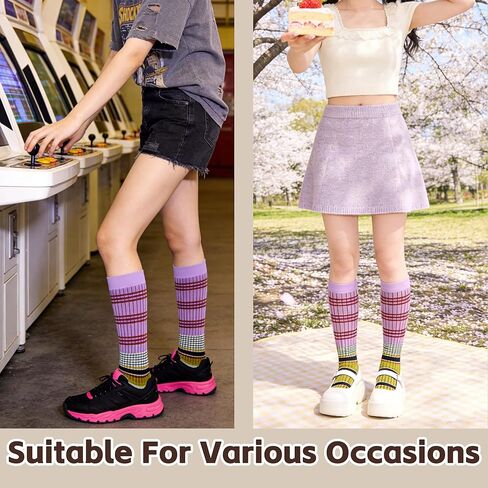 4 Pairs Women Striped Calf Socks - Retro Colorful Seamless Year-Round Casual Athletic Socks for Daily/Workout in Saudi Arabia