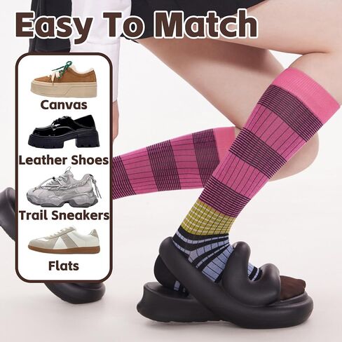 4 Pairs Women Striped Calf Socks - Retro Colorful Seamless Year-Round Casual Athletic Socks for Daily/Workout in Saudi Arabia