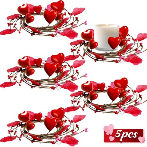 5pcs Valentines Candle Holder Rings Decor - Valentine's Red Heart Pillar Candles Wreath with 50pcs Petals, Wedding Table Centerpieces in Saudi Arabia