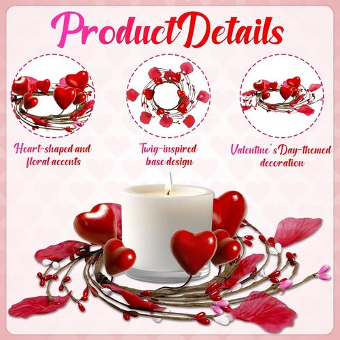 5pcs Valentines Candle Holder Rings Decor - Valentine's Red Heart Pillar Candles Wreath with 50pcs Petals, Wedding Table Centerpieces in Saudi Arabia