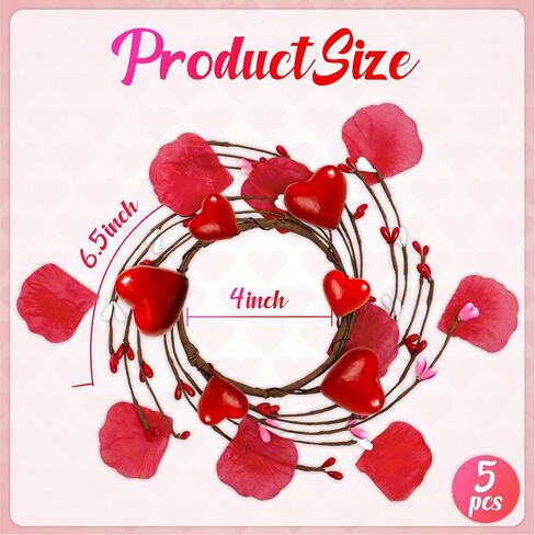 5pcs Valentines Candle Holder Rings Decor - Valentine's Red Heart Pillar Candles Wreath with 50pcs Petals, Wedding Table Centerpieces in Saudi Arabia