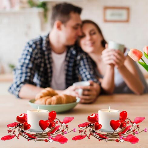 5pcs Valentines Candle Holder Rings Decor - Valentine's Red Heart Pillar Candles Wreath with 50pcs Petals, Wedding Table Centerpieces in Saudi Arabia