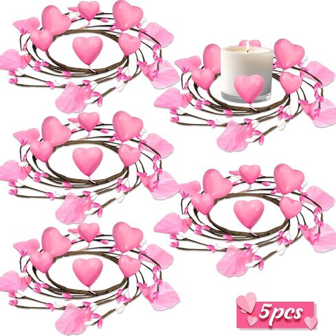 5 قطع من حلقات حامل شموع عيد الحب - إكليل شموع على شكل قلب أحمر لعيد الحب مع 50 قطعة من البتلات، قطع مركزية لطاولات الزفاف in Kuwait