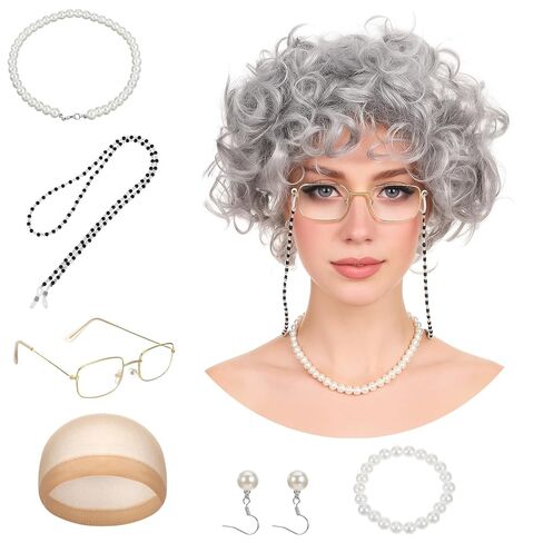 7Pcs Old Lady Wig Costume Set, Short Curly Grandma Gray Wigs for Women, Fun Wigs Light Gray Glasses Cap Faux Pearl Bead Necklace Chain Earrings Bracelet for Cosplay Halloween Party in Saudi Arabia