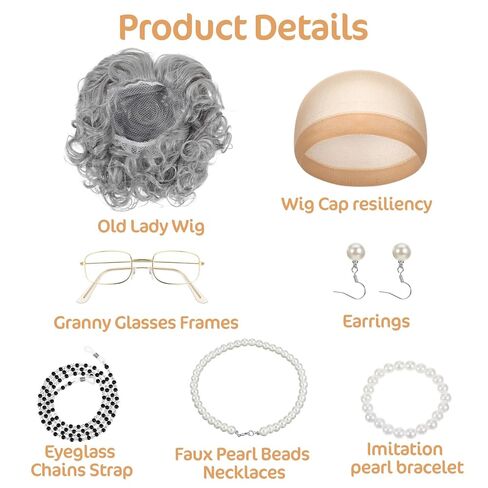 7Pcs Old Lady Wig Costume Set, Short Curly Grandma Gray Wigs for Women, Fun Wigs Light Gray Glasses Cap Faux Pearl Bead Necklace Chain Earrings Bracelet for Cosplay Halloween Party in Saudi Arabia