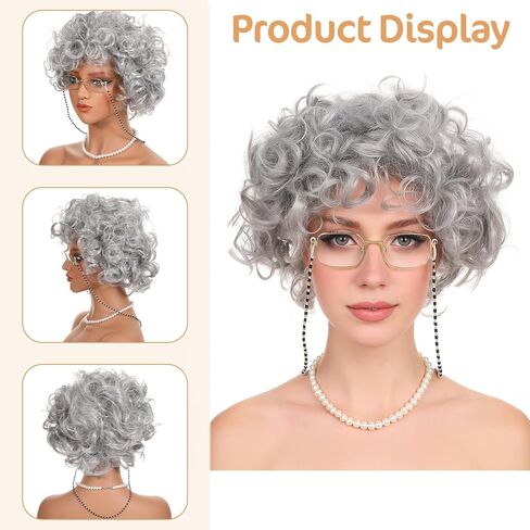 7Pcs Old Lady Wig Costume Set, Short Curly Grandma Gray Wigs for Women, Fun Wigs Light Gray Glasses Cap Faux Pearl Bead Necklace Chain Earrings Bracelet for Cosplay Halloween Party in Saudi Arabia