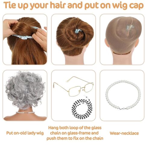 7Pcs Old Lady Wig Costume Set, Short Curly Grandma Gray Wigs for Women, Fun Wigs Light Gray Glasses Cap Faux Pearl Bead Necklace Chain Earrings Bracelet for Cosplay Halloween Party in Saudi Arabia