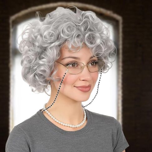 7Pcs Old Lady Wig Costume Set, Short Curly Grandma Gray Wigs for Women, Fun Wigs Light Gray Glasses Cap Faux Pearl Bead Necklace Chain Earrings Bracelet for Cosplay Halloween Party in Saudi Arabia