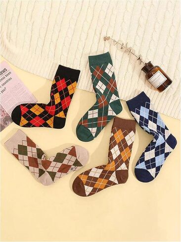 WDIRARA Men's 5 Pairs Argyle Pattern Mid Calf Socks Breathable Soft Crew Socks in Saudi Arabia