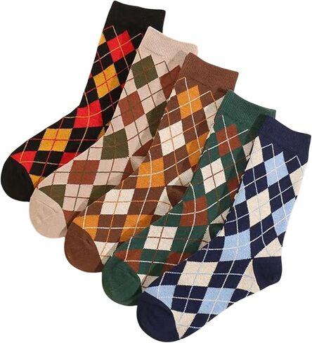 WDIRARA Men's 5 Pairs Argyle Pattern Mid Calf Socks Breathable Soft Crew Socks in Saudi Arabia
