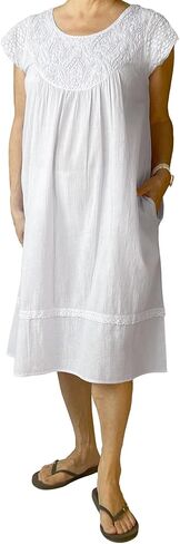 LA CERA Women's Embroidered Cotton Gauze Nightgown, Embroidered Bib Yoke, Scoop Neckline, Cap Sleeves, Lace Hemline in Saudi Arabia