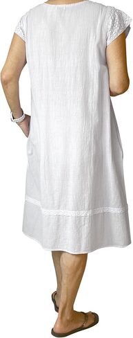 LA CERA Women's Embroidered Cotton Gauze Nightgown, Embroidered Bib Yoke, Scoop Neckline, Cap Sleeves, Lace Hemline in Saudi Arabia