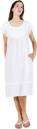 LA CERA Women's Embroidered Cotton Gauze Nightgown, Embroidered Bib Yoke, Scoop Neckline, Cap Sleeves, Lace Hemline in Saudi Arabia