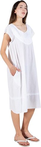 LA CERA Women's Embroidered Cotton Gauze Nightgown, Embroidered Bib Yoke, Scoop Neckline, Cap Sleeves, Lace Hemline in Saudi Arabia
