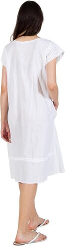 LA CERA Women's Embroidered Cotton Gauze Nightgown, Embroidered Bib Yoke, Scoop Neckline, Cap Sleeves, Lace Hemline in Saudi Arabia