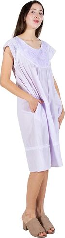 LA CERA Women's Embroidered Cotton Gauze Nightgown, Embroidered Bib Yoke, Scoop Neckline, Cap Sleeves, Lace Hemline in Saudi Arabia