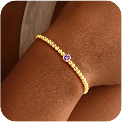 Turandoss Valentines Day Gifts for Girls Teen Girls - Dainty Elastic 14K Gold Plated Beaded Square 12 Months Birthstone Bracelets Trendy Waterproof Birthday Jewelry Valentines Gifts for Women Wife in Saudi Arabia
