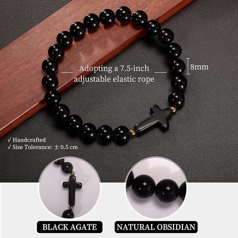 Black Agate Bracelet for Men Women Natural Obsidian Healing Crystal beaded Handmade Natual Gemstone Cross Stone Bracelets Jewelry in Saudi Arabia