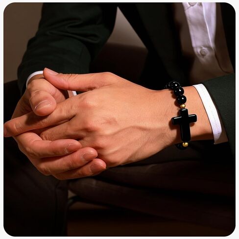 Black Agate Bracelet for Men Women Natural Obsidian Healing Crystal beaded Handmade Natual Gemstone Cross Stone Bracelets Jewelry in Saudi Arabia